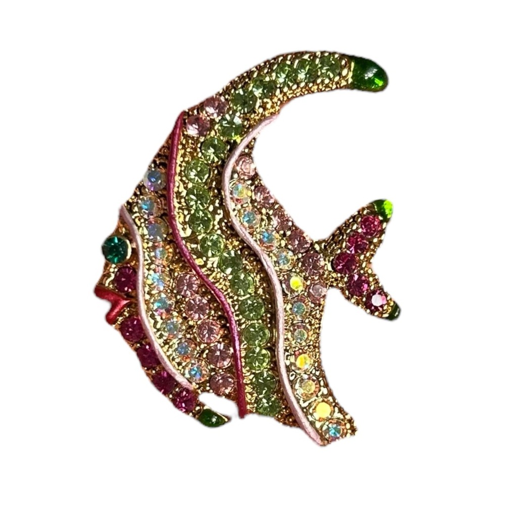 SALE VTG Colorful Rhinestone Gold Tone Angelfish Brooch Tropical Estate Jewelry